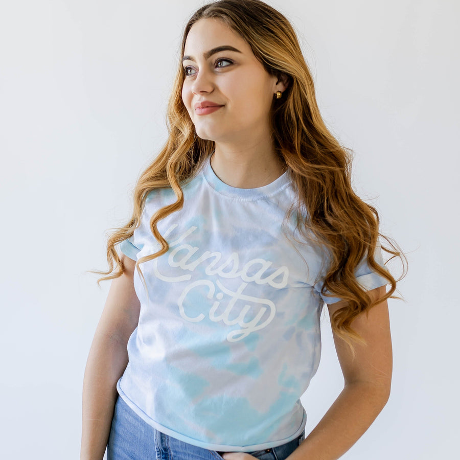 Kansas City Script Cropped T-Shirt - Blue Tie Dye