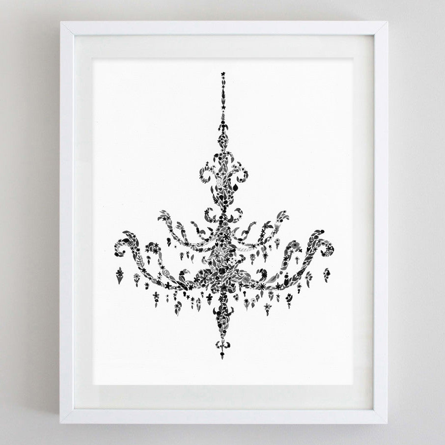 art print - black and white chandelier floral watercolor print - carly rae studio