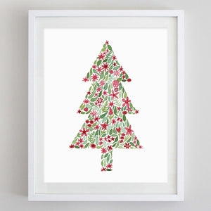 Christmas Tree Floral Watercolor Print