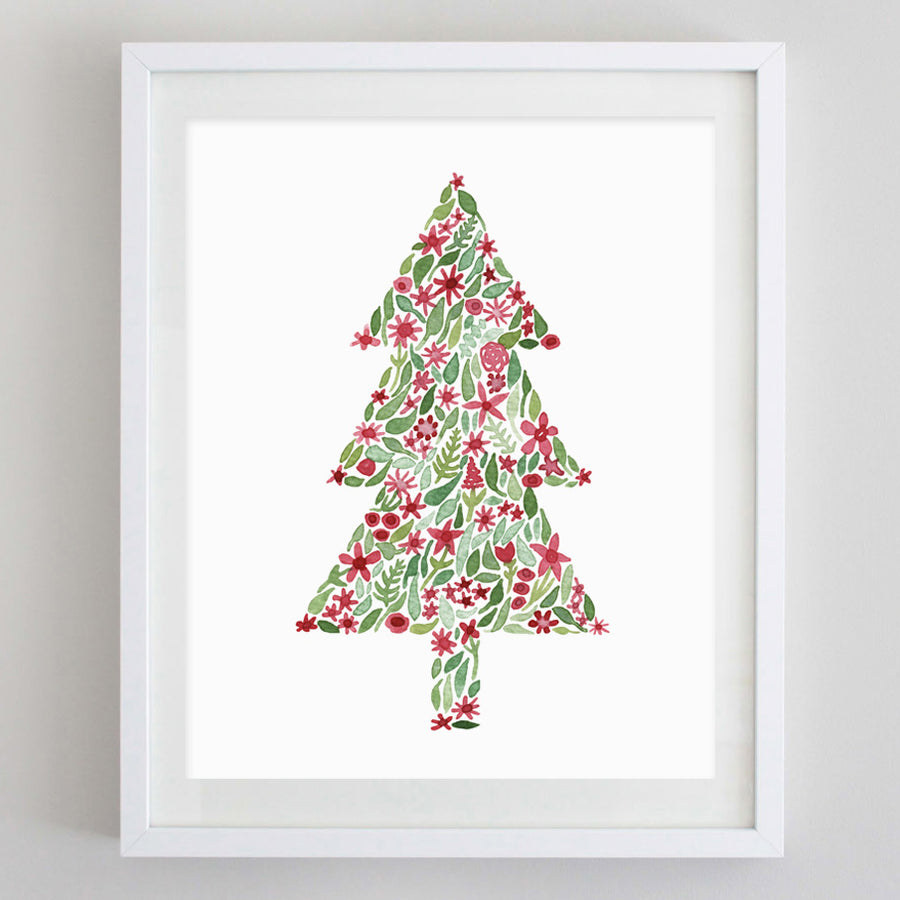 Christmas Tree Floral Watercolor Print