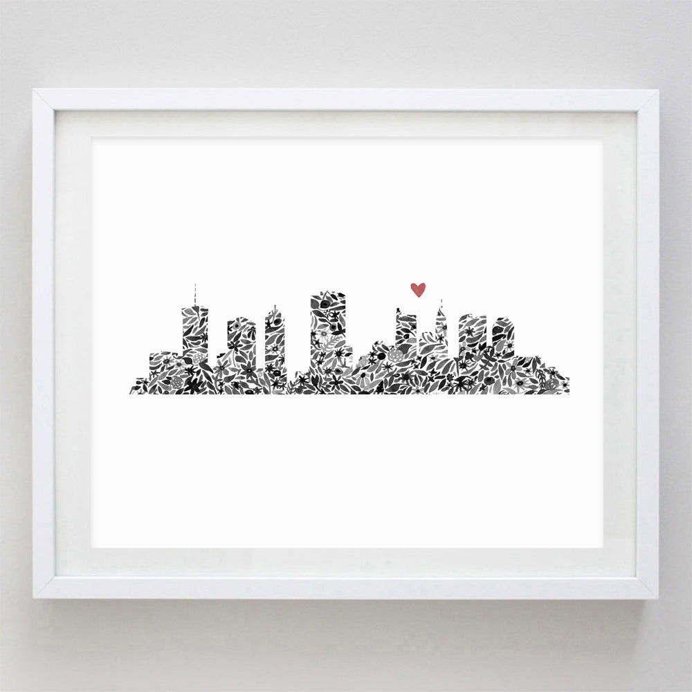 Columbus Skyline Floral Watercolor Print