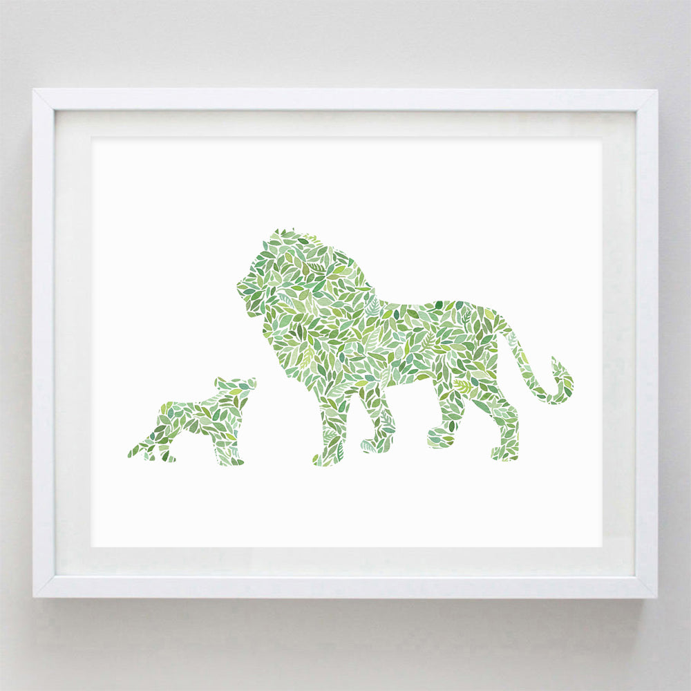 Dad and Baby Lion in Green Watercolor Print