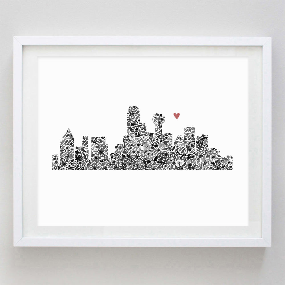 Dallas Skyline Floral Watercolor Print