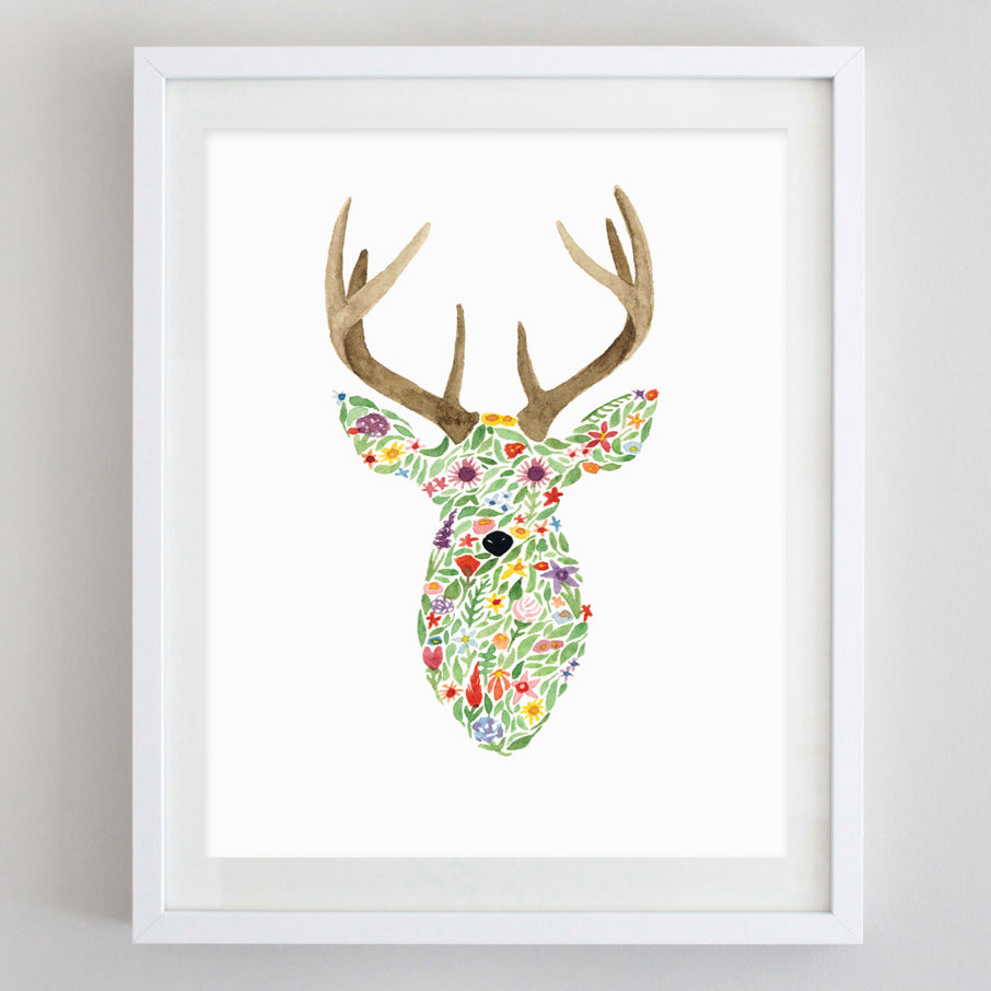 Deer Floral Watercolor Print