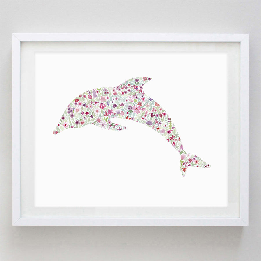art print - pink dolphin floral watercolor print - carly rae studio
