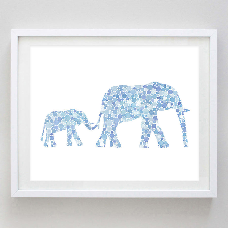 art print - mama and baby elephant in blue watercolor print - carly rae studio