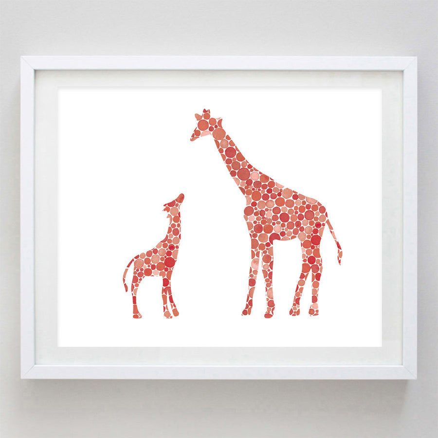 art print - mama and baby giraffe red watercolor print - carly rae studio