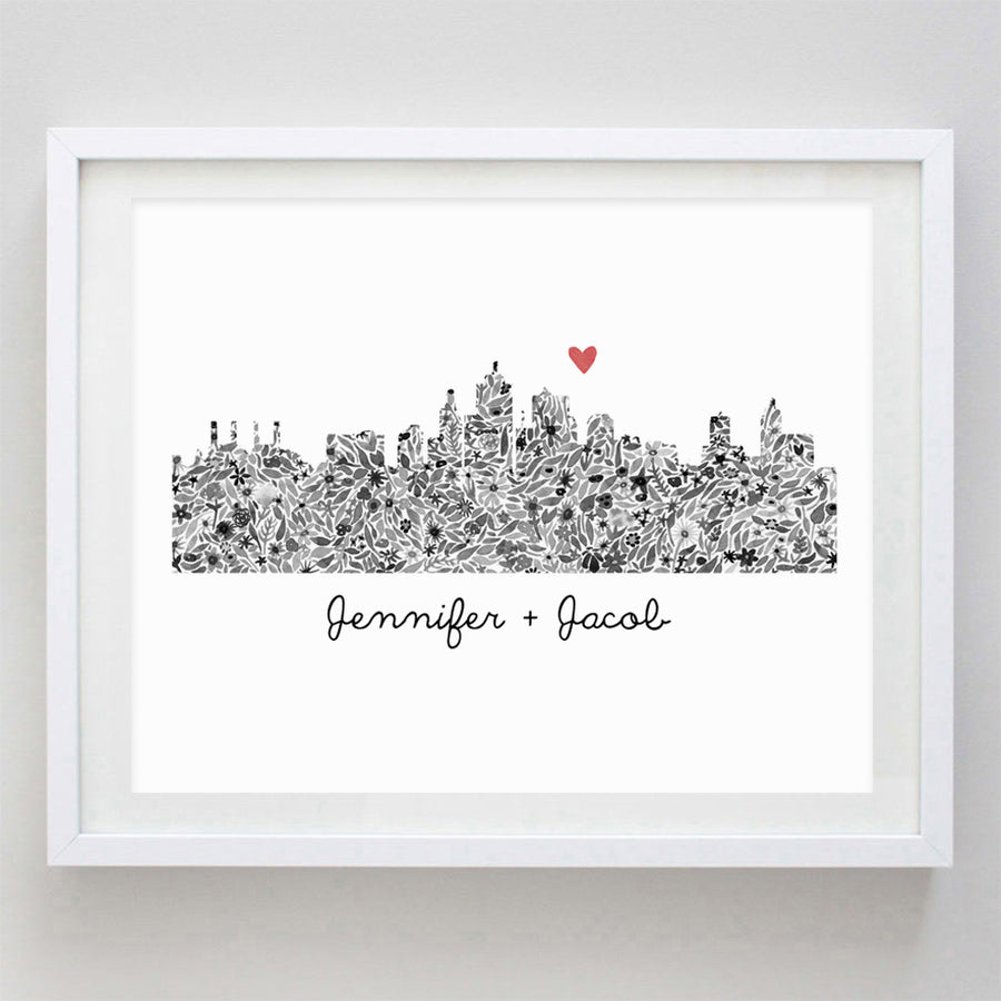 Custom Skyline (any in the world) Floral Watercolor Print