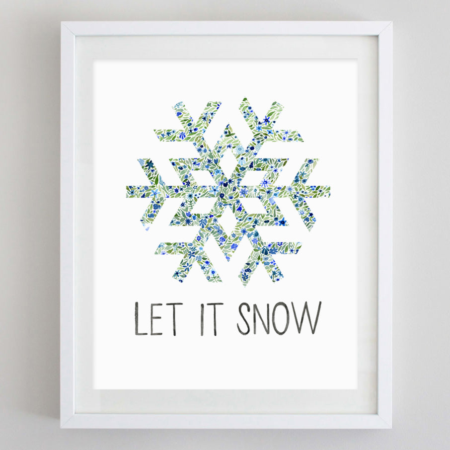 Let it Snow Snowflake Floral Watercolor Print