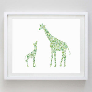 Mama and Baby Giraffe in Green Watercolor Print