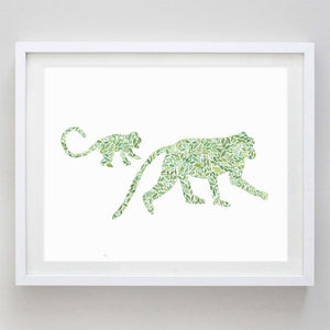 Mama and Baby Monkey in Green Watercolor Print