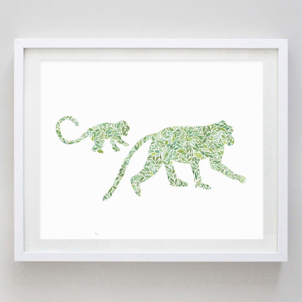 Mama and Baby Monkey in Green Watercolor Print