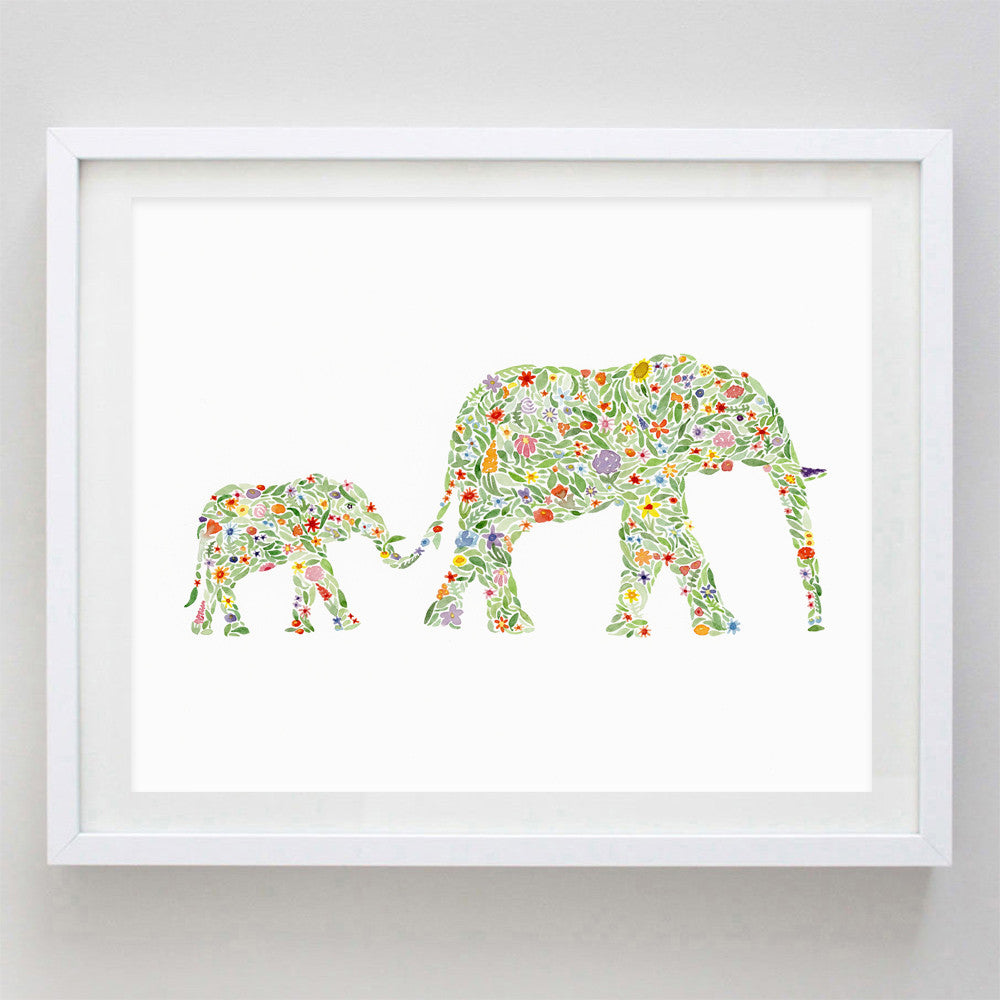 art print - mama and baby elephants floral watercolor print - carly rae studio