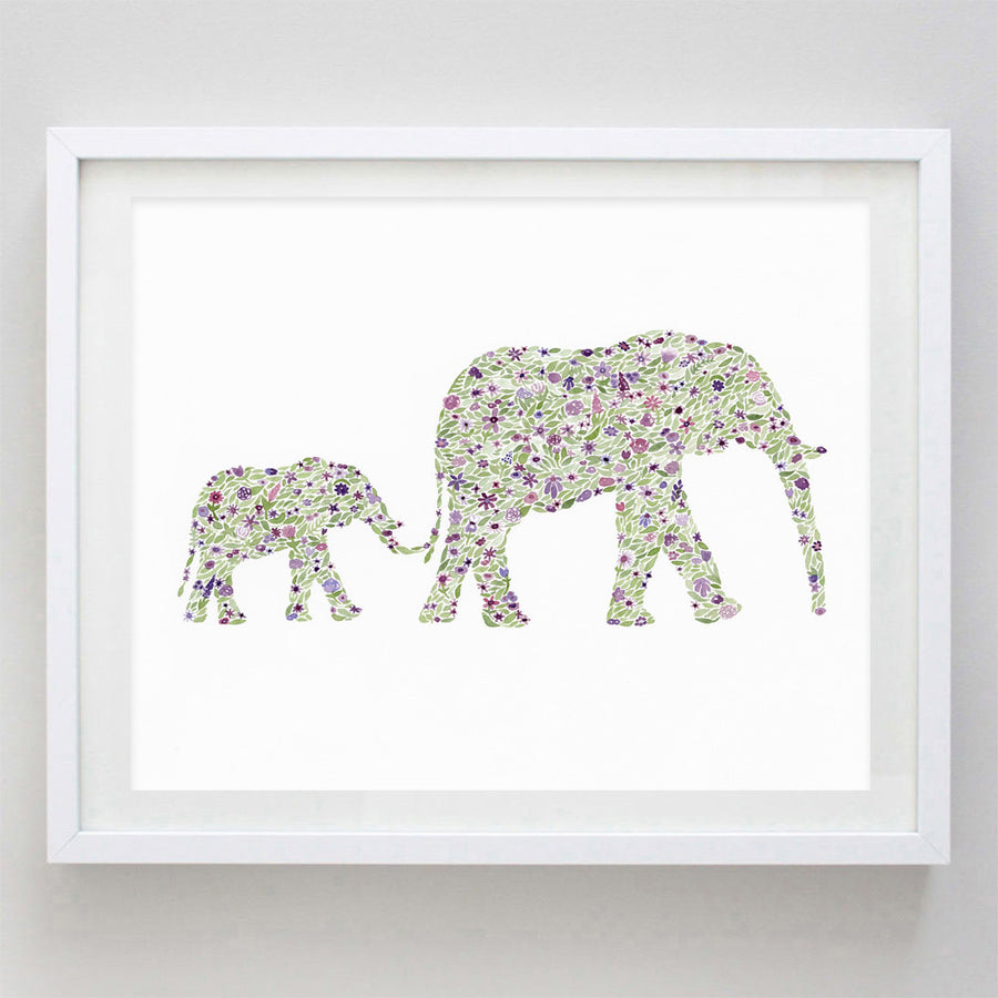 art print - mama and baby elephants purple floral watercolor print - carly rae studio