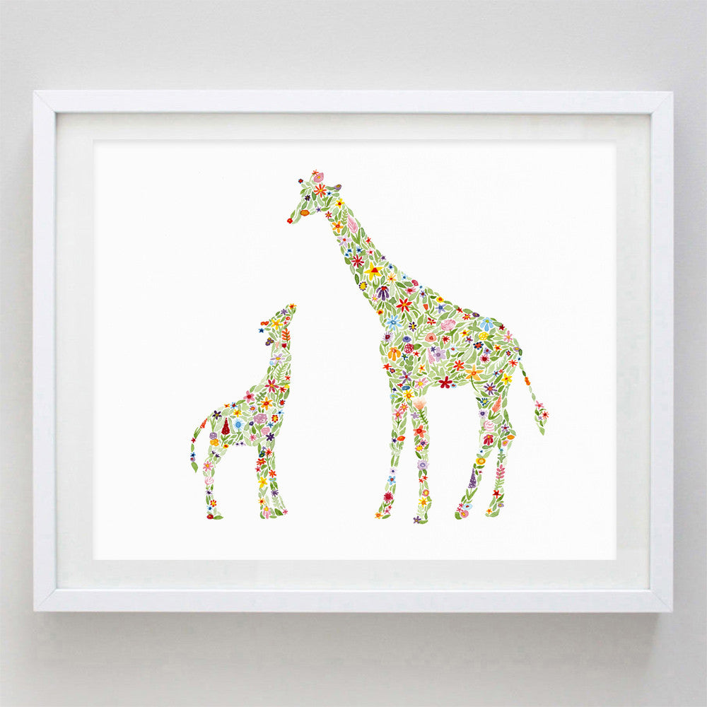 art print - mama and baby giraffe floral watercolor print - carly rae studio