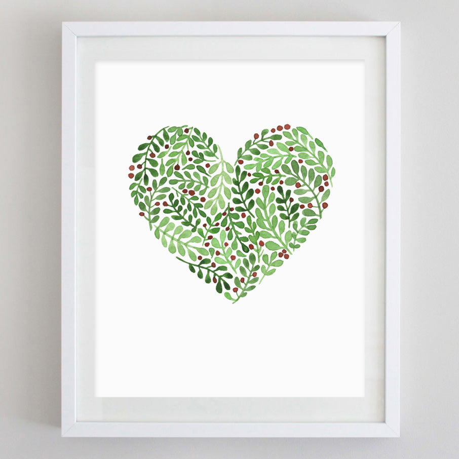 Mistletoe Heart Watercolor Print