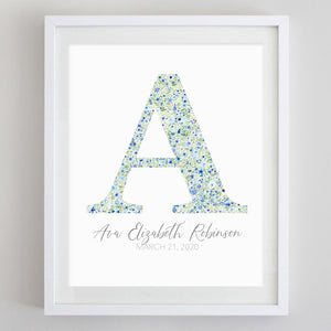 Custom Blue Monogram Floral Watercolor Print