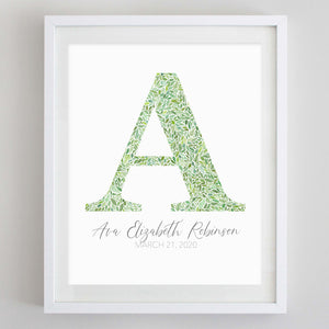 Custom Green Monogram Floral Watercolor Print