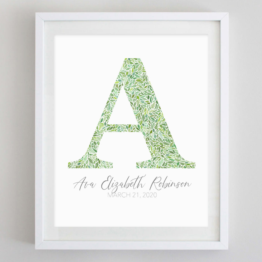 Custom Green Monogram Floral Watercolor Print