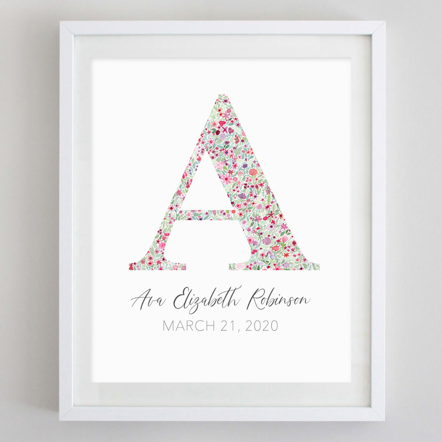 Custom Pink Monogram Floral Watercolor Print