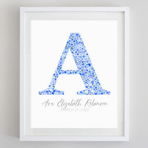 Custom Monogram Stars Watercolor Print Blue