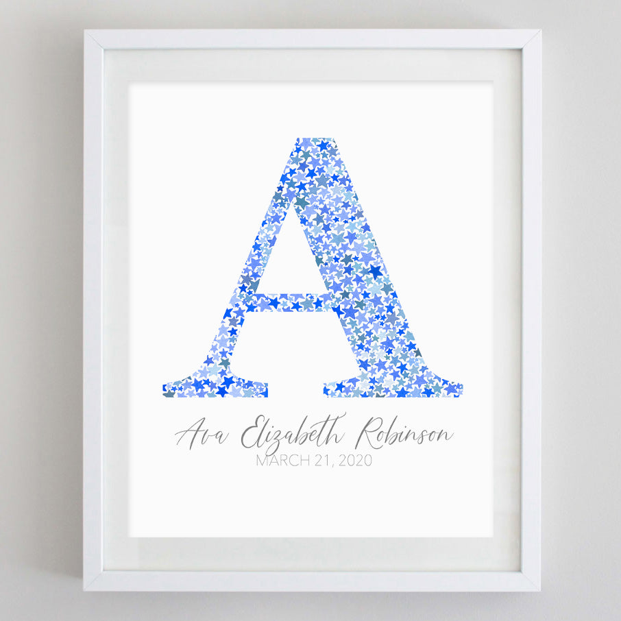 Custom Monogram Stars Watercolor Print Blue