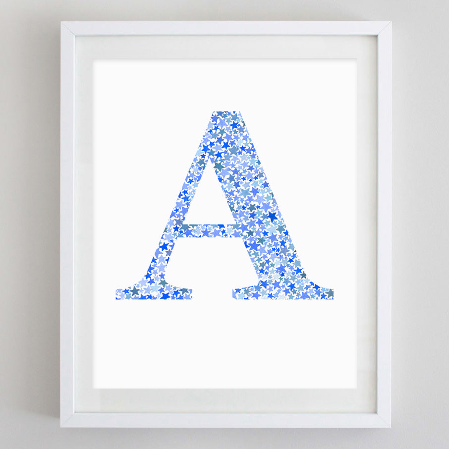 Monogram Stars Watercolor Print Blue