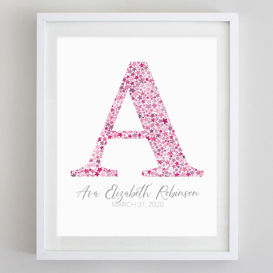 Custom Monogram Stars Watercolor Print Pink