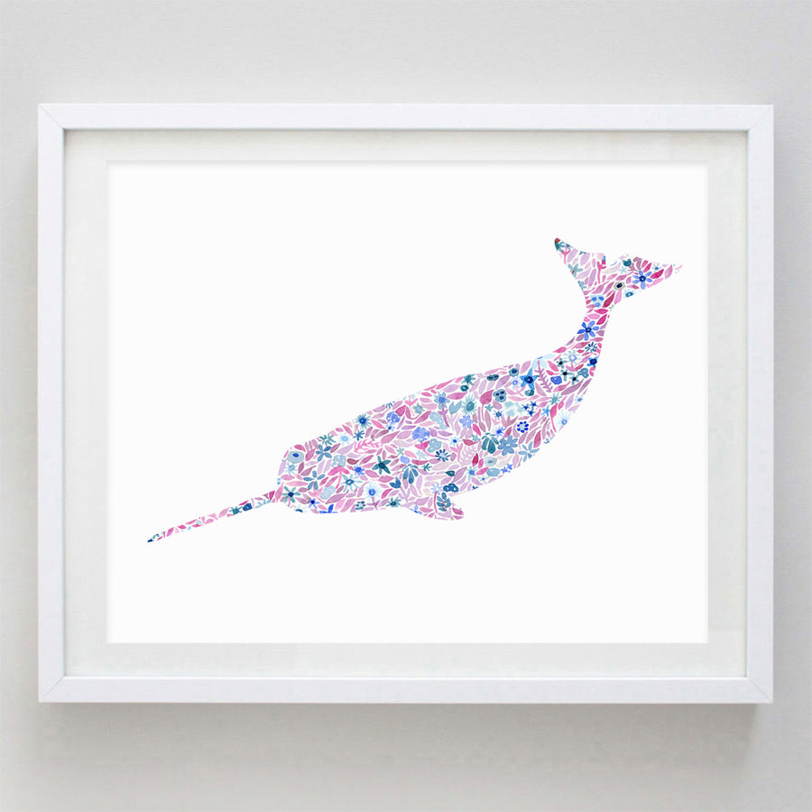 Narwhal Floral Watercolor Print