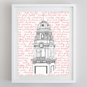 Plaza Clock Tower Holiday Watercolor Print