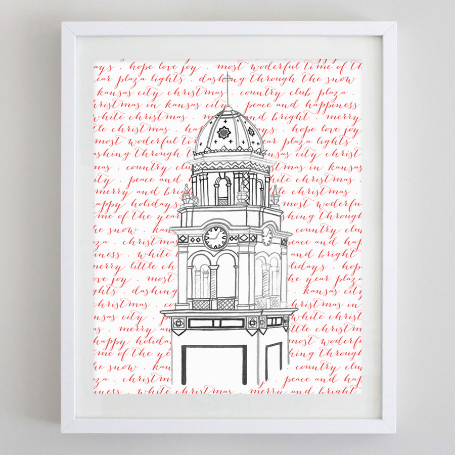 Plaza Clock Tower Holiday Watercolor Print