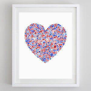 Red and Blue Heart Floral Watercolor Print