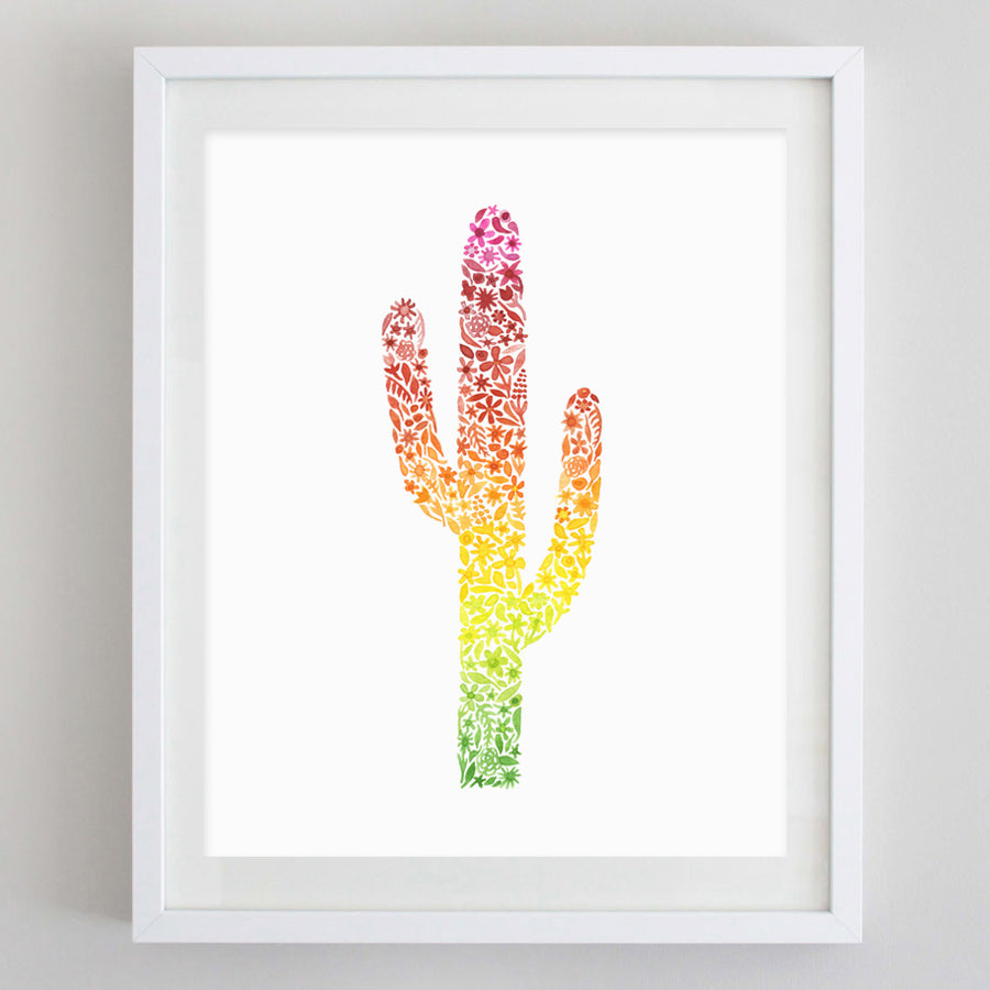 Rainbow Saguaro Cactus Floral Watercolor Print