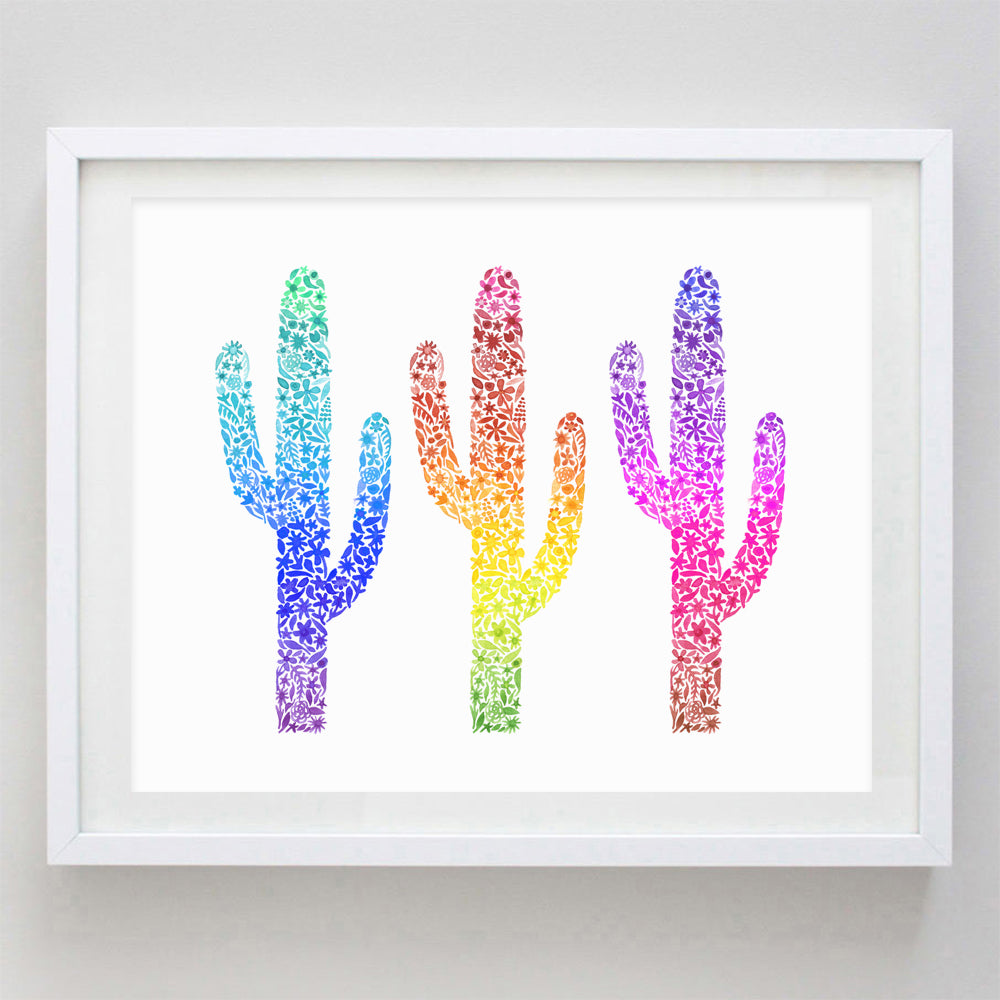 Rainbow Saguaro Cactus Trio Floral Watercolor Print
