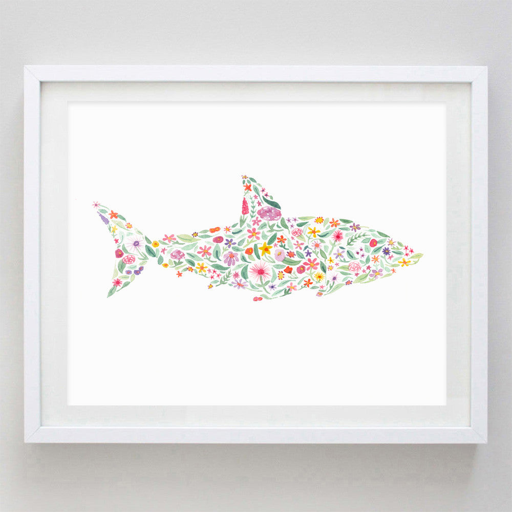 Shark Floral Watercolor Print