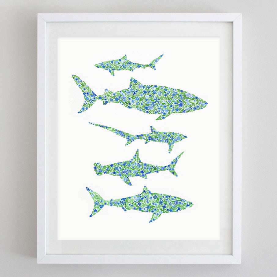 Shark Floral Watercolor Print