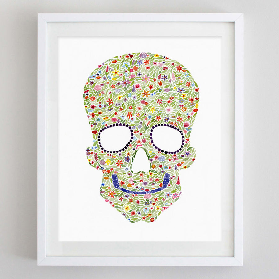 Skull Floral Watercolor Print Black