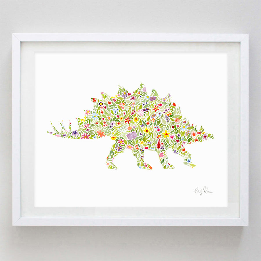 Dinosaur Triceratops Blue Floral Watercolor Print