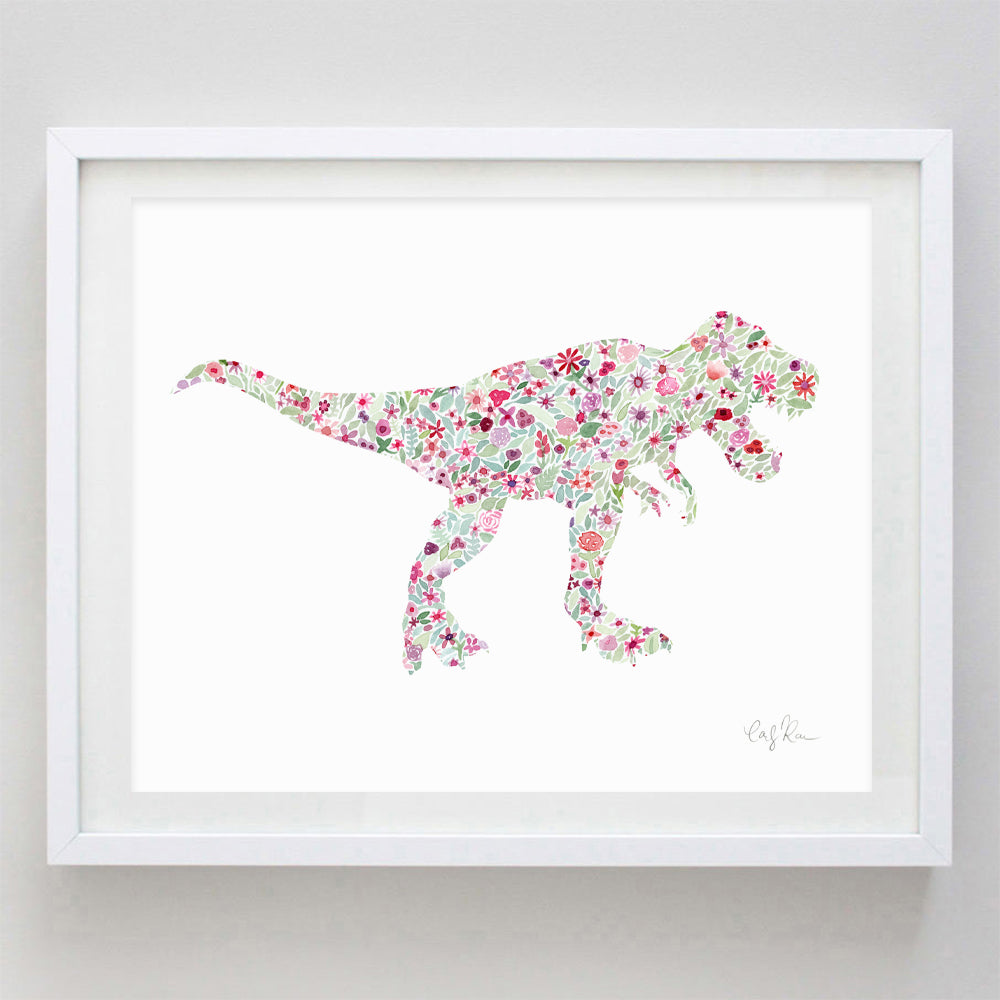 Dinosaur T-Rex Floral Pink Watercolor Print