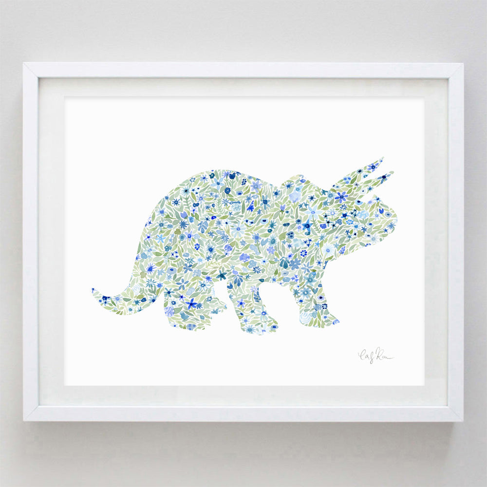 Dinosaur Triceratops Blue Floral Watercolor Print