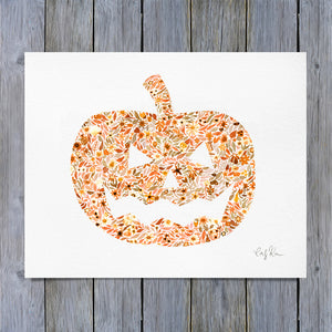 Halloween Jack-O-Lantern Pumpkin Floral Watercolor Print