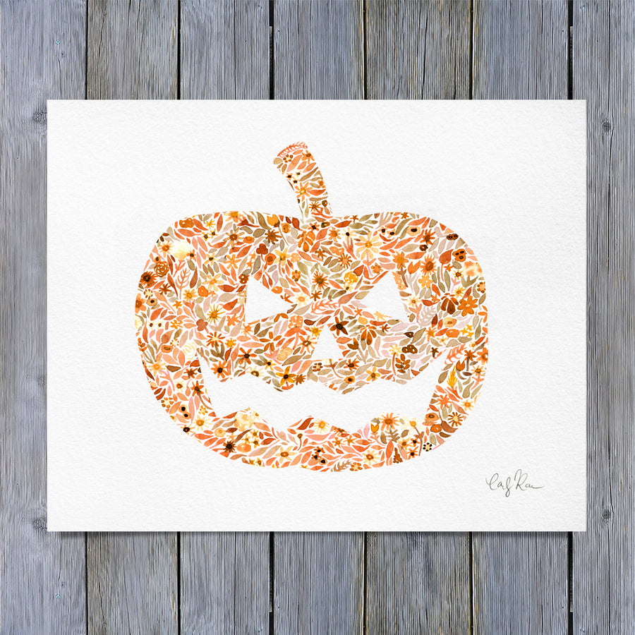 art print - halloween jack-o-lantern floral watercolor print - carly rae studio