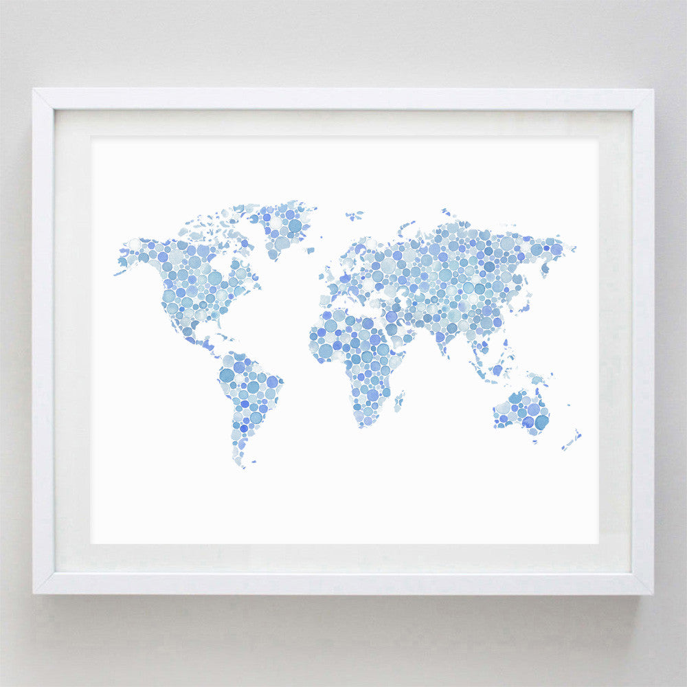 art print - blue world map watercolor print - carly rae studio