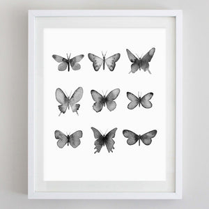 Butterflies Black and White Watercolor Print