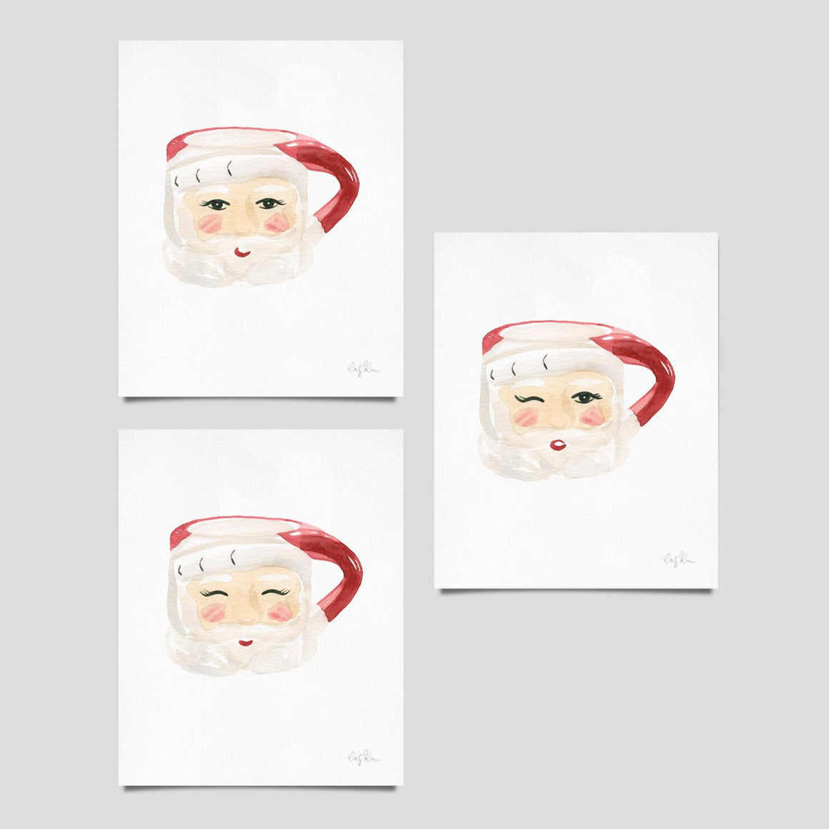 Set of 3 Vintage Santa Mugs Watercolor Print