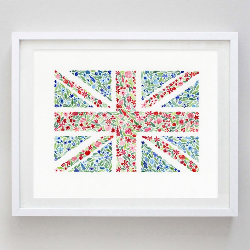 British Flag Floral Watercolor Print