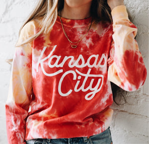 Kansas City Script Long Sleeve T-Shirt - Red and Yellow Tie Dye