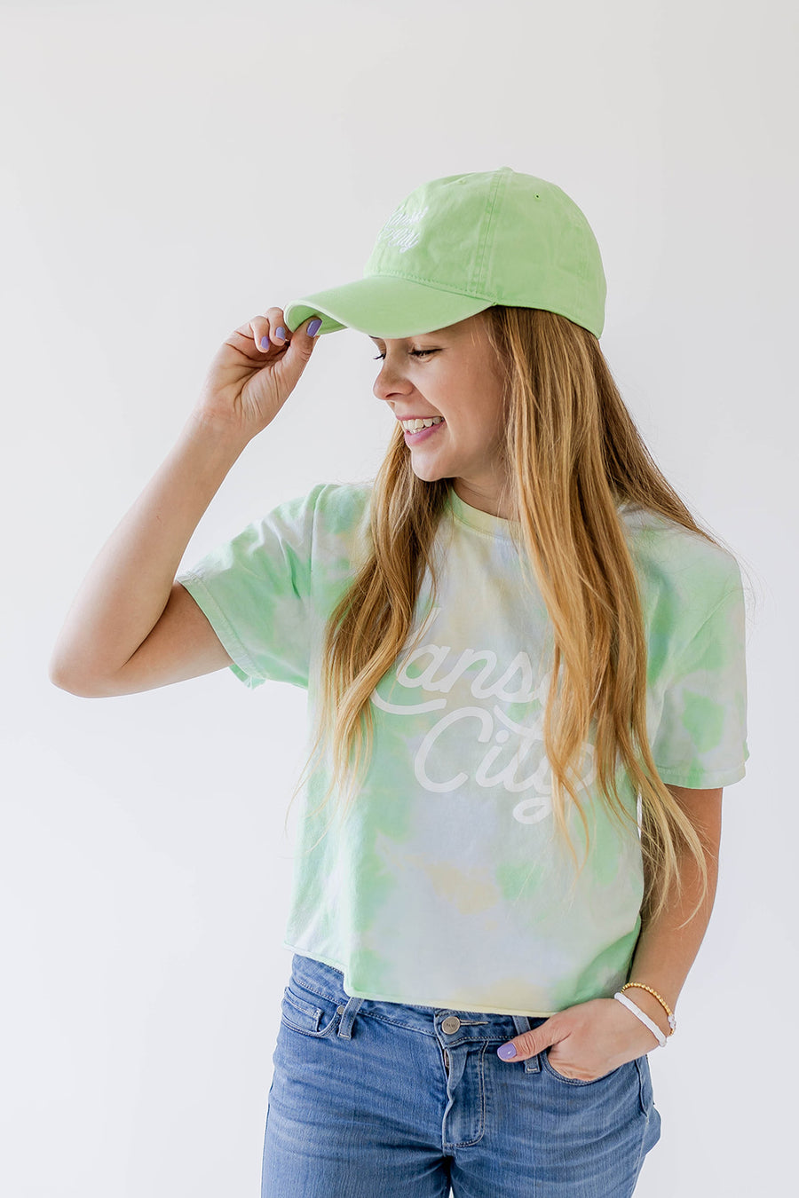 Kansas City Script Cropped T-Shirt - Green Tie Dye