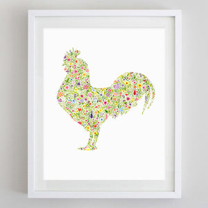 Rooster Floral Watercolor Print